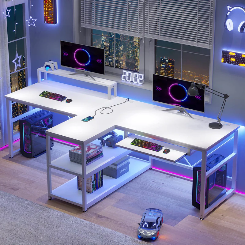 white-t-shaped-gaming-desk-metal-2-person-modern-led-lights